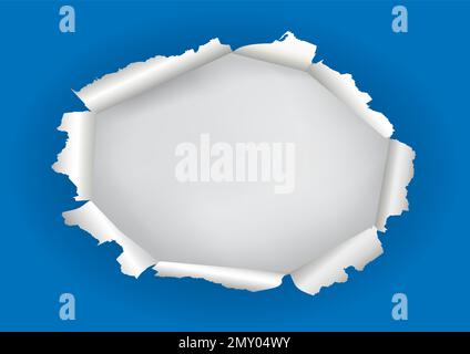 Blue ripped Paper, oval hole, banner template.  Illustration of blue torn paper with white place for your image or text. Vector available. Stock Vector