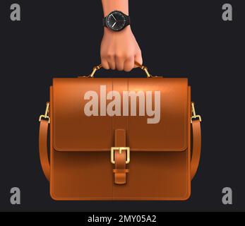 Realistic business bag man hand composition with image of male hand with wristwatch and leather briefcase vector illustration Stock Vector