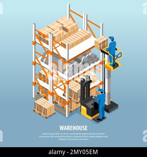 Isometric warehouse interior concept with workers loading cardboard boxes vector illustration Stock Vector