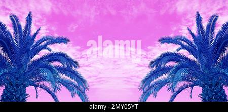 Pop Art Surreal Style of Vibrant Gradient Blue Two Palm Trees on Pastel Purple Sky Stock Photo