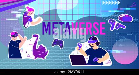 Metaverse flat collage composition with objects in virtual reality and people with joysticks wearing vr helmets vector illustration Stock Vector