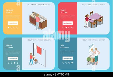 Home chores isometric landing pages depicting table setting washing dishes drying clothes wet cleaning vector illustration Stock Vector