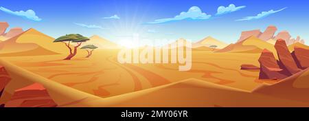 Desert composition with horizontal landscape of wasteland with mountain rocks sands and sky with dawning sun vector illustration Stock Vector