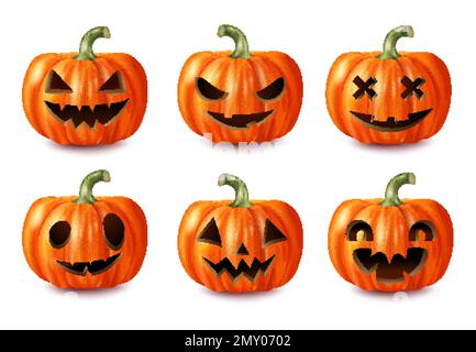 Realistic carved spooky Halloween pumpkin icons set isolated vector illustration Stock Vector