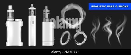 Realistic vape set with isolated icons of smoke circles and puffs with vaping devices and text vector illustration Stock Vector