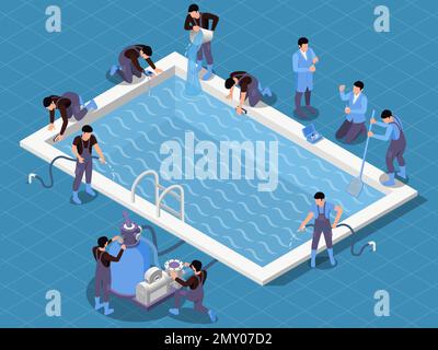 Swimming pool maintenance service isometric composition with rectangular pool surrounded by workers in uniform with tools vector illustration Stock Vector