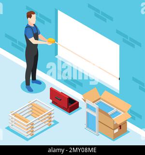 Plastic windows isometric background with worker making measurements vector illustration Stock Vector