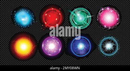 Realistic electric plasma sphere transparent set with isolated colorful circles of energy visualization on black background vector illustration Stock Vector