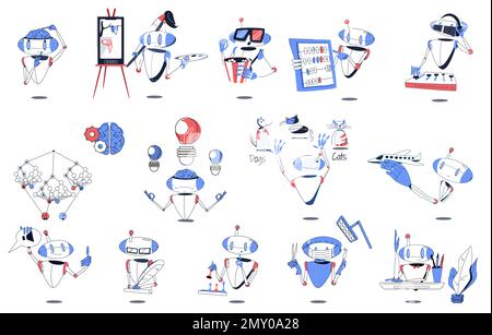 Artificial intelligence flat colored icon set robot thinks paints pictures makes decisions and brainstorms plays chess and conducts surgery vector ill Stock Vector