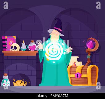 Magic poster with wizard casting a magician spell cartoon vector illustration Stock Vector