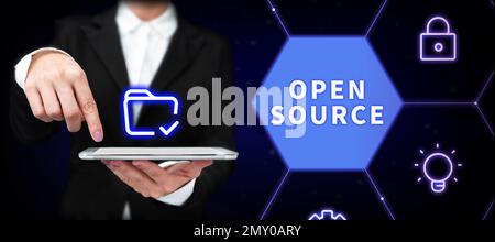 Text caption presenting Open Source. Business idea denoting software which original source code freely available Stock Photo