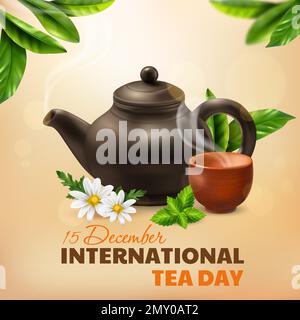 International tea day poster with clay teapot and steaming cup realistic vector illustration Stock Vector