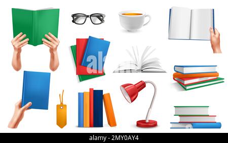 Realistic book lover icons set with library and bookstore symbols ...