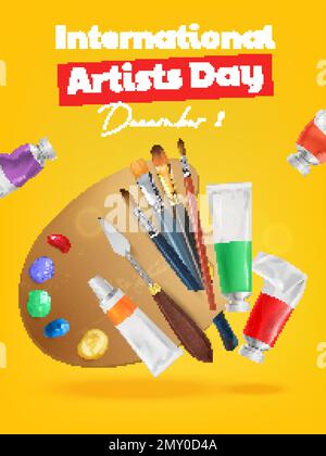 International artist day poster with color palette brushes and paint tubes realistic vector illustration Stock Vector