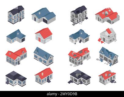 Isometric set of rustic and village buildings before and after cataclysm or war isolated vector illustration Stock Vector