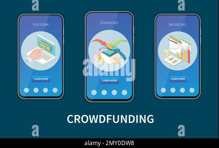 Crowdfunding isometric set with fundraising mobile app templates isolated vector illustration Stock Vector