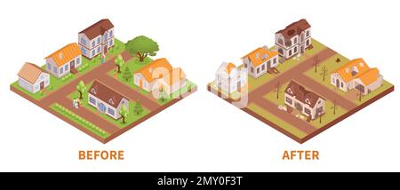 Settlement before and after catastrophe two isometric isolated compositions with whole and dilapidated buildings 3d vector illustration Stock Vector
