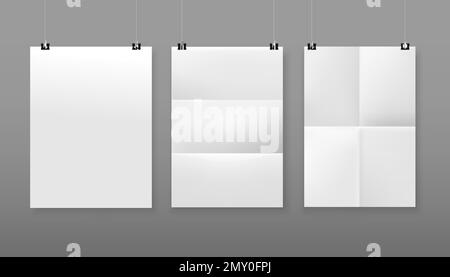 Blank white paper isolated posters in a4 portrait format hanging on rope with clips on grey background vector illustration Stock Vector