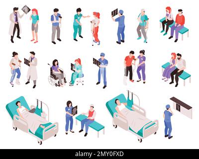 Medical healthcare isometric set of traumatologists consulting and treating patients after physical injury isolated vector illustration Stock Vector
