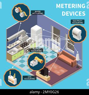 Utility expences isometric concept with household service metering devices vector illustration Stock Vector