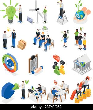 Esg environmental social governance concept isometric icons set with alternative energy sources corporate policy isolated vector illustration Stock Vector