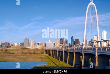 Margaret Hunt Hill Bridge Dallas Skyline Stock Photo