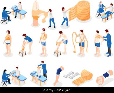 Elastic bandage application isometric icons set with human characters of patients and doctors isolated vector illustration Stock Vector