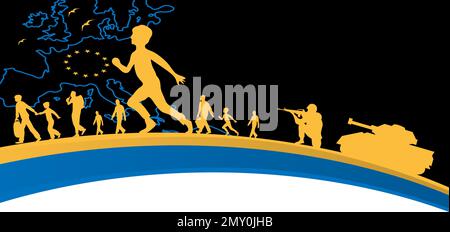 Silhouettes of refugees on blue-yellow background, Stop war, and concept of peace in Ukraine Stock Vector