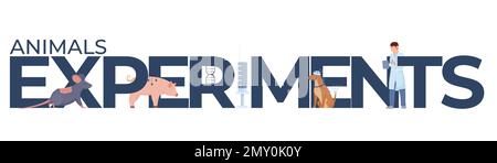 Animal experiments concept with laboratory symbols and text flat vector illustration Stock Vector