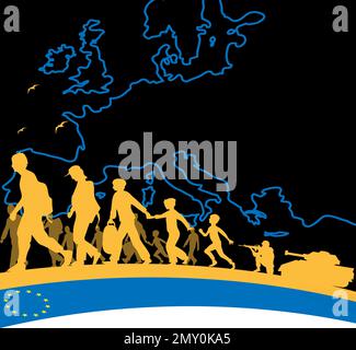 Flag of european union and ukrainian flag. Refugees welcome concept. Ukraine and Russia military conflict, Solidarity with Ukraine Stock Vector