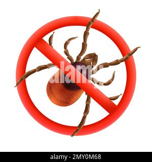 Realistic spider mite stop concept with red prohibition sign for the tick vector illustration Stock Vector