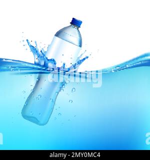 Plastic bottle splash in blue water realistic vector illustration Stock Vector