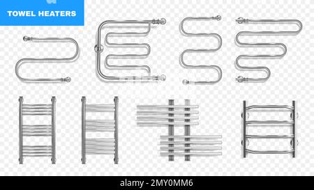 Realistic modern metal chrome heated towel rails set isolated against transparent background vector illustration Stock Vector