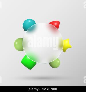 Circle in glass morphism style. Vector banner ui design template. Circle with geometric shapes of colored geometry on a gray background. Stock Vector