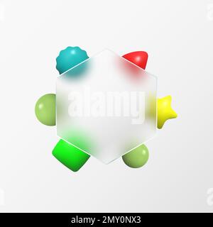 Hexagon in glass morphism style. Vector banner ui design template. Hexagon with geometric shapes of colored geometry on a gray background. Stock Vector