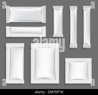 White paper sachet packet mockups for sugar or soluble powder realistic set isolated on grey background vector illustration Stock Vector