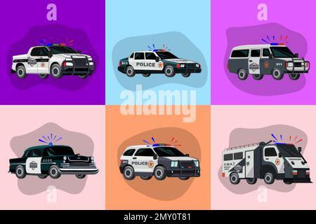 Police transport flat set with six square compositions and doodle style images of special service vehicles vector illustration Stock Vector