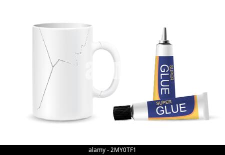 Glue bottles containers set of two isolated compositions with tubes of super glue and glued cup vector illustration Stock Vector