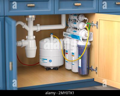 Reverse osmosis water purification system under sink in a kitchen.  Water cleaning system installation. 3d illustration Stock Photo