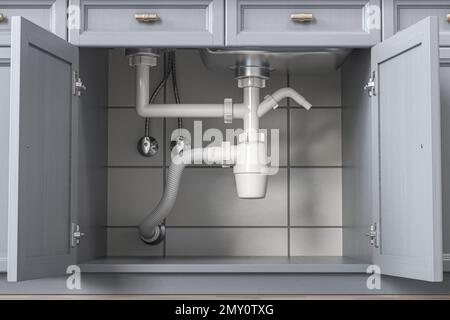Siphon and pipes under the sink in the kitchen. 3d illustration Stock Photo