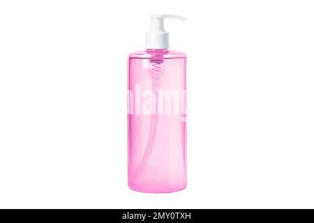 Moisturizing pink cosmetic toner, serum, micellar water isolated on white background. Transparent cosmetic bottles. With dispenser Stock Photo