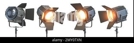Set of illuminated spotlights isolated on white, lighting stage equipment. 3d illustration Stock Photo