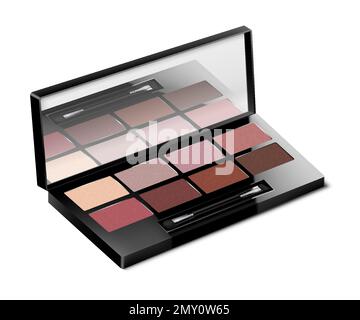 Make-up color eyeshadow palette isolated on white background. Eyeshadow or blush kit container. Open compact makeup cosmetic case with mirror, 3d real Stock Vector