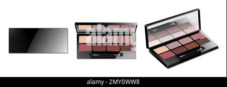 Set of makeup eyeshadow palettes isolated on white background. Eyeshadow or blush kit containers. Opened and closed compact makeup cosmetic case with Stock Vector