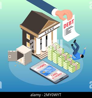 Isometric credit problems abstract situation composition man goes down because of the debt that shows the big hand vector illustration Stock Vector