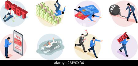 Isometric round credit composition set debtor under the burden of his debts in the literal and figurative sense vector illustration Stock Vector