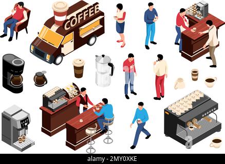 Isometric coffee icon set coffee truck customers barista coffee machine and cups vector illustration Stock Vector