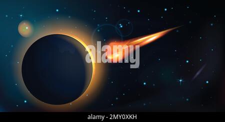 Realistic composition with outer space landscape and view of burning meteor flying in direction of planet vector illustration Stock Vector