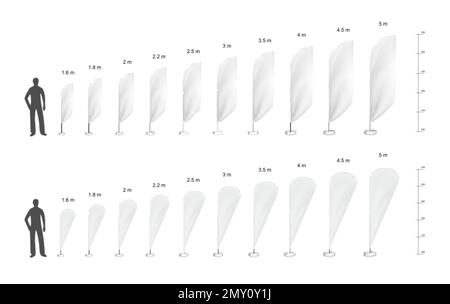 Feather advertising flag mockup realistic set of isolated human body silhouettes and pennons of different size vector illustration Stock Vector