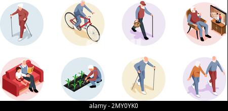 Isometric round old people activity composition set elderly men and women ride bicycles nordic walking watch TV and enjoy gardening vector illustratio Stock Vector